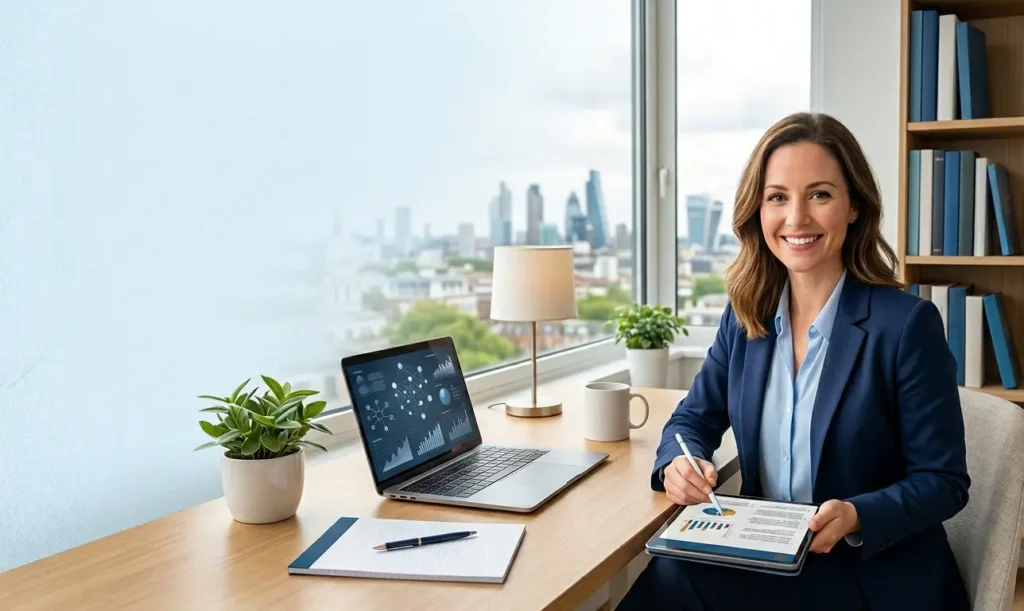 Smiling insurance advisor at a desk with a laptop